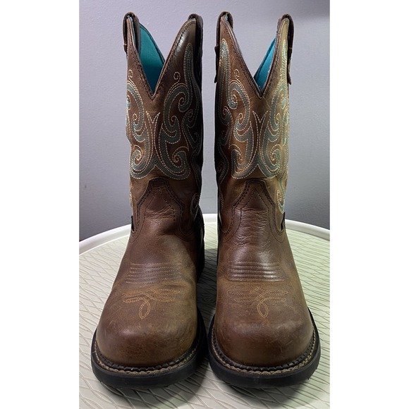 Justin Chocolate Chip Womens Leather Steel Toe Brown&Blue Cowgirl Boots Sz.6.5 B - Picture 3 of 14